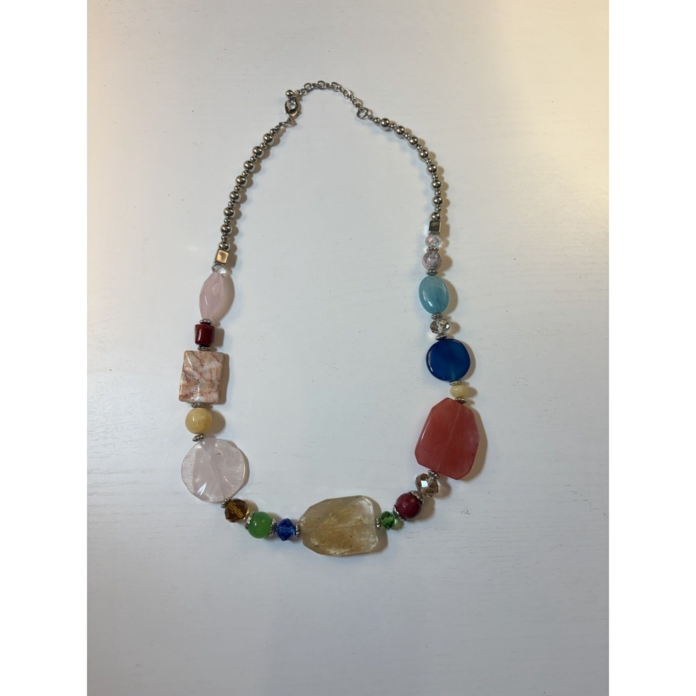 Vintage Artisan Mixed Gemstone Beaded Necklace 26" Rose Quartz Crystal Boho